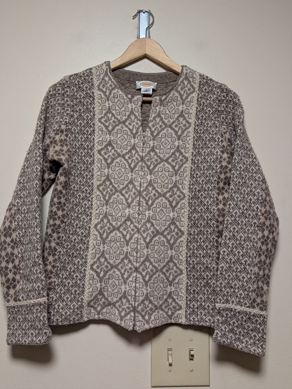 Talbots 100% Lambswool Fair Isle Zip Cardigan Sweater Size S